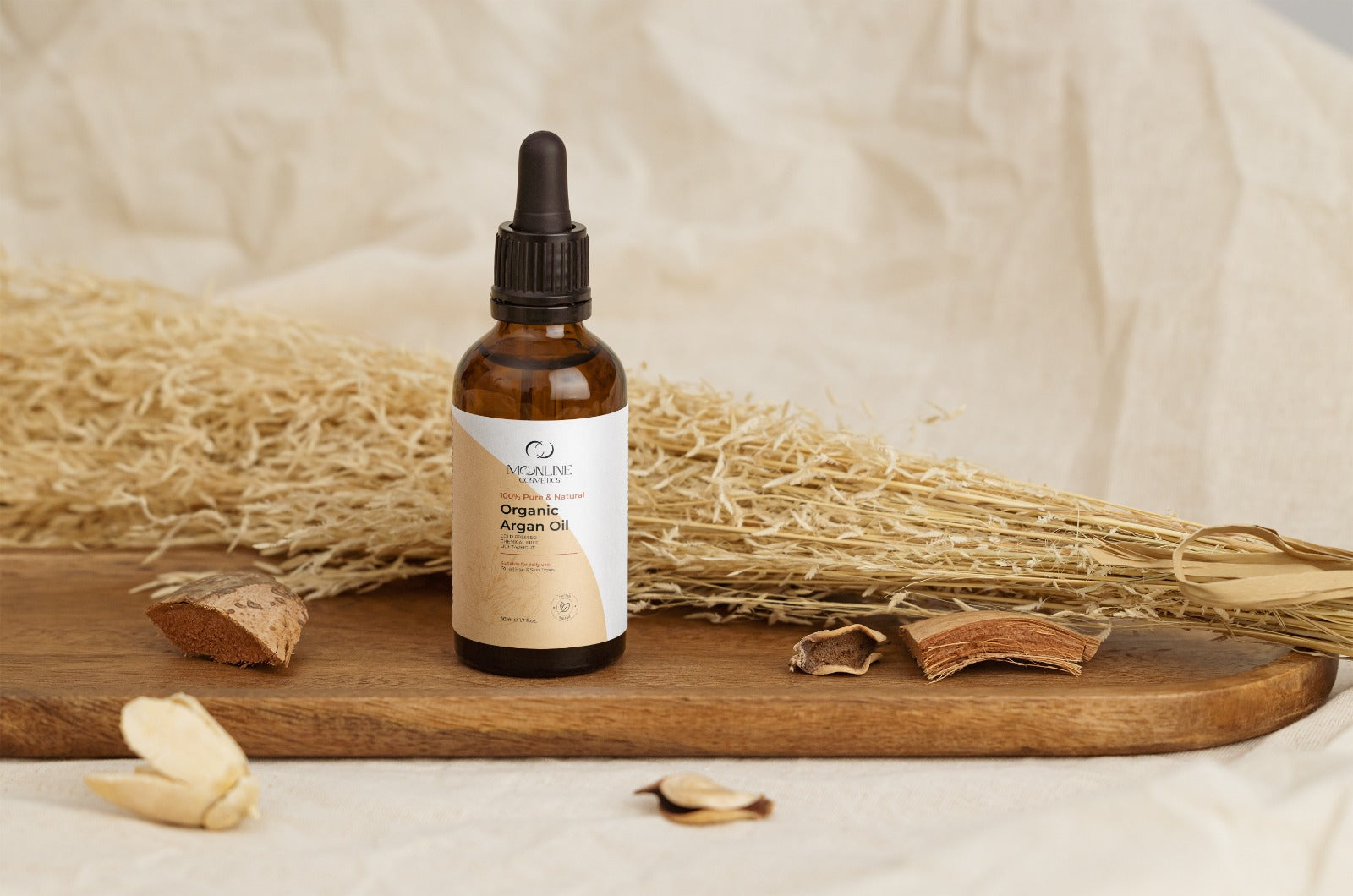 Argan Oil in a wood plate with a luxury decor